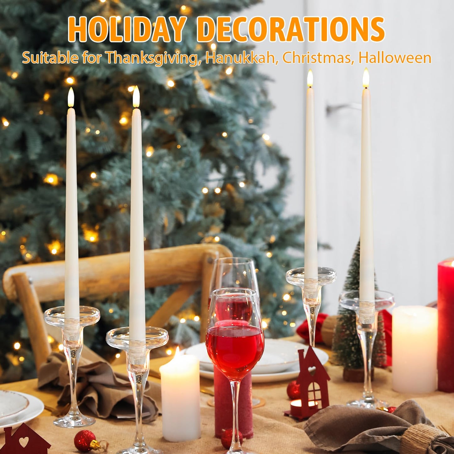 Baquler 24 Pcs Flameless Taper Candles Battery Operated Bulk 12.4 Ivory LED Taper Candles Flickering LED Candlesticks for Wedding Advent Halloween Christmas Party Decor