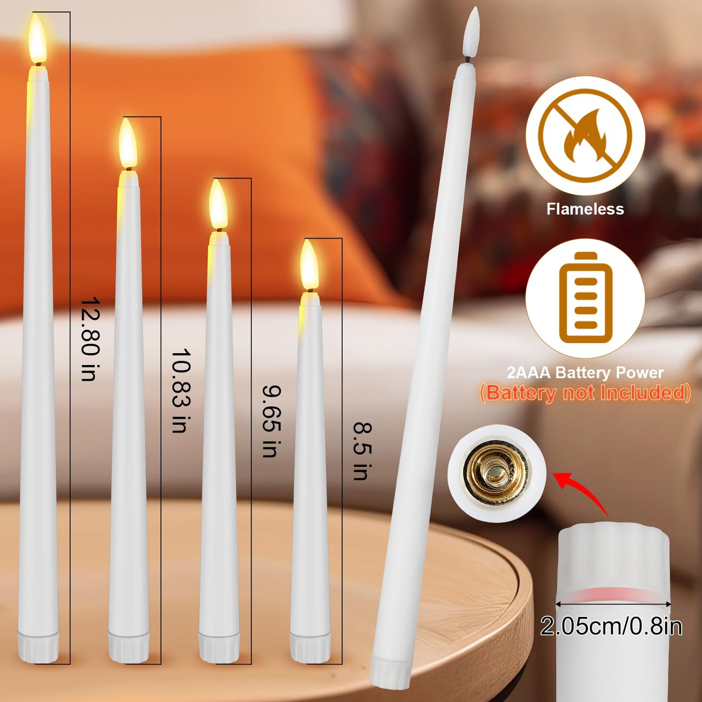 Rossesay 48 Pcs Flameless LED Taper Candles Battery Operated Candles 4 Sizes of 8.5'', 9.65'', 10.83'', 12.8'' Flameless Candlesticks Flickering for Halloween Christmas Church Wedding(White)