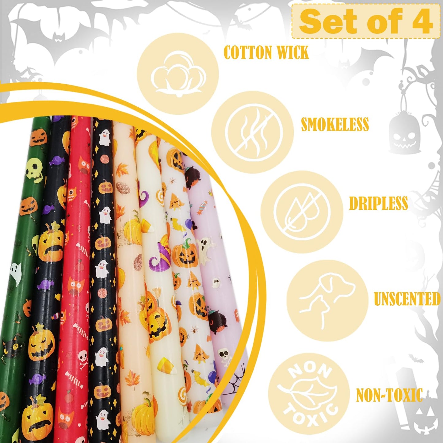 FYBW 10-Inch Halloween Taper Candle Set of 4,Pumpkin Skeleton & Bat Prints, Spider Web Spooky Dinner Candles,Gift for Festive Halloween Day Decoration,White