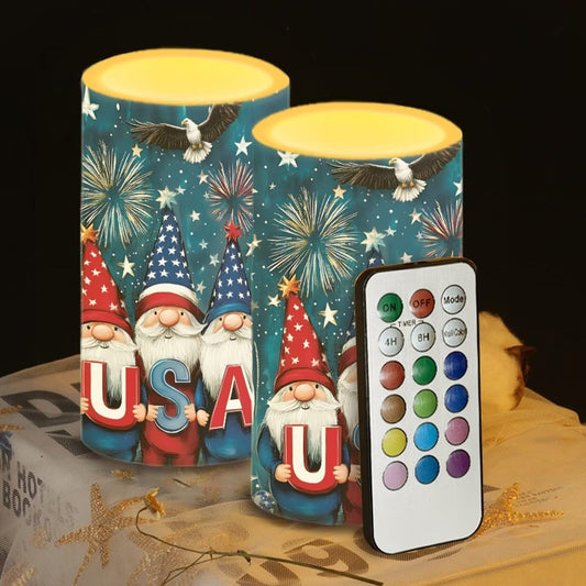 Luarisgur USA Flag Gnomes Battery Powered Candles with Remote and Timer Veterans Day Gifts Decorations LED Flameless Flickering Candles for Indoor Gifts Holiday Decor Home Party Festival Set of 2