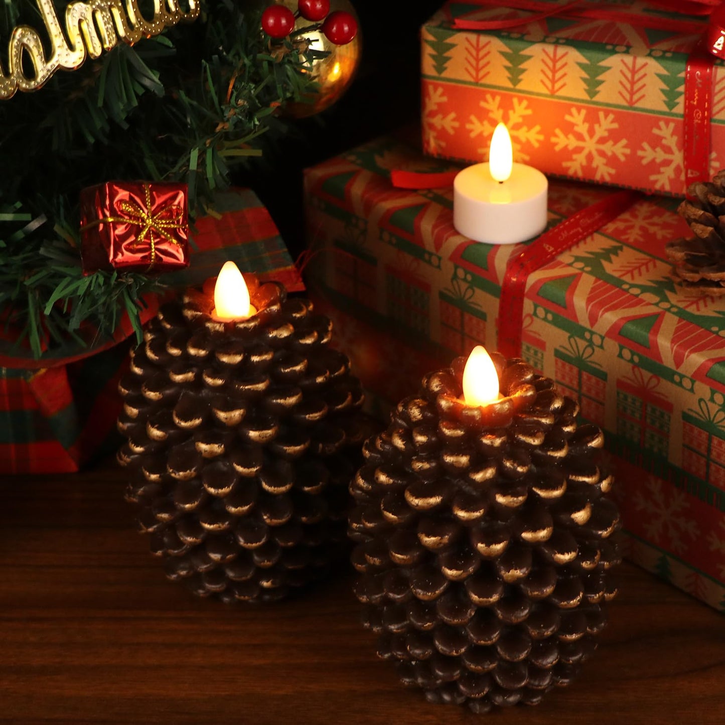 Eldnacele Christmas Flameless Candles with 6 Hour Timer, Battery Operated Hand Painted Pine Cone Real Wax 3D Wick Flickering LED Pillar Candles for Dinner Indoor Holiday Xmas Decor(2Pcs, D3×H5.7)