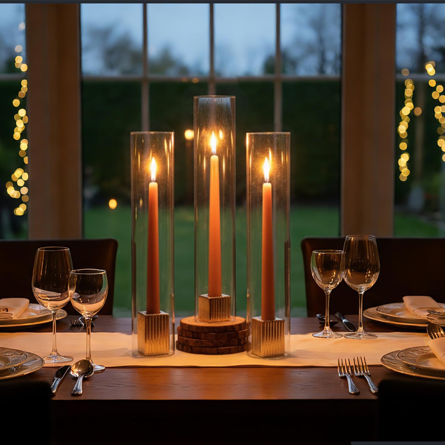 LETINE 14" Tall Hurricane Candle Holders with Gold Ribbed Taper Candle Holders Set of 3– Bulk Windproof Taper Candle Hurricane Glass for Outdoor&Indoors Wedding Centerpiece, Event & Home Decor