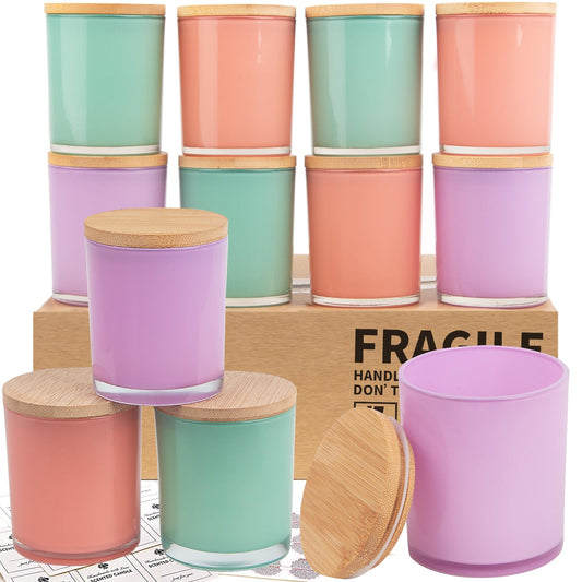 CONNOO 12 Pack 10 OZ Colorful Glass Candle Jars for Making Candles with Airtight Bamboo Lids Nice Sticky Warning Labels for Candle Making Empty Container Bulk - Dishwasher Safe