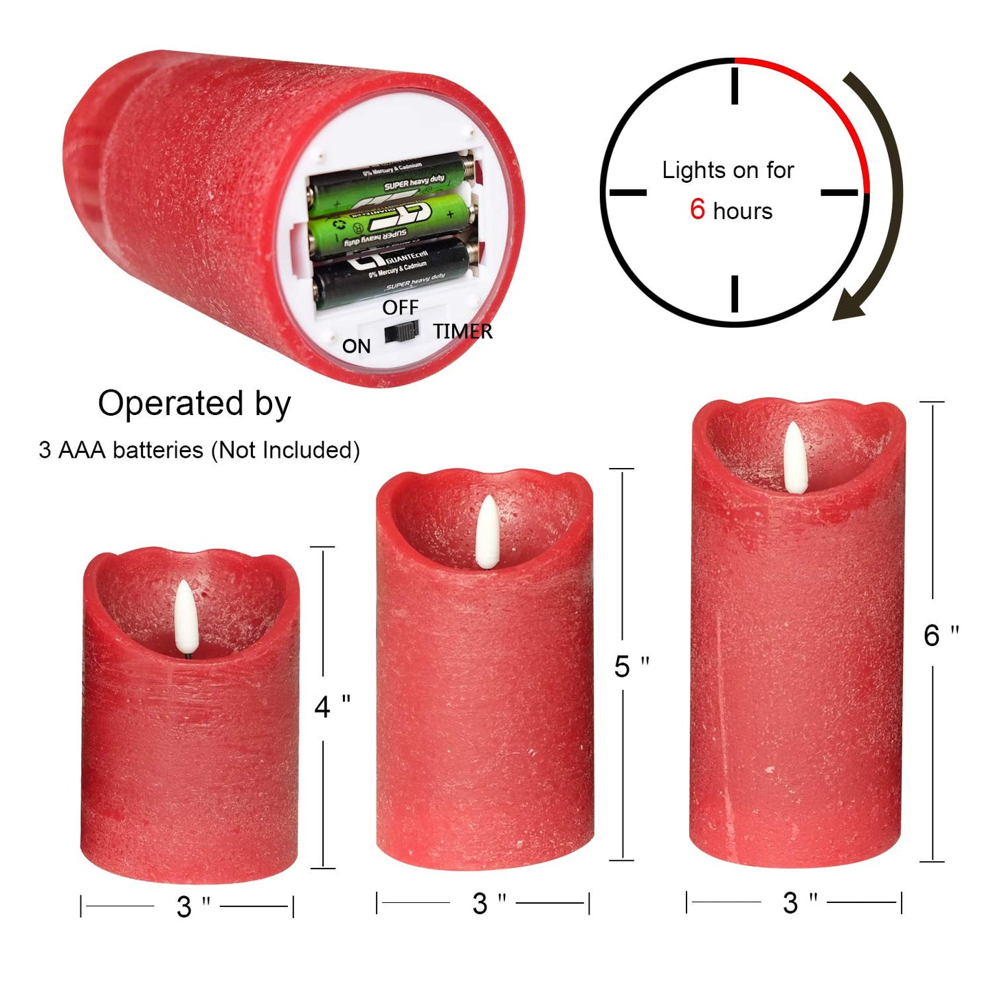 Eldnacele Red Wax Flameless Flickering Candles with 6H Timer, 3D Wick Realistic Battery Operated Pillar LED Candles Set of 3 for Easter Home Wedding Party Christmas Decoration (D3” x H4”5”6”)