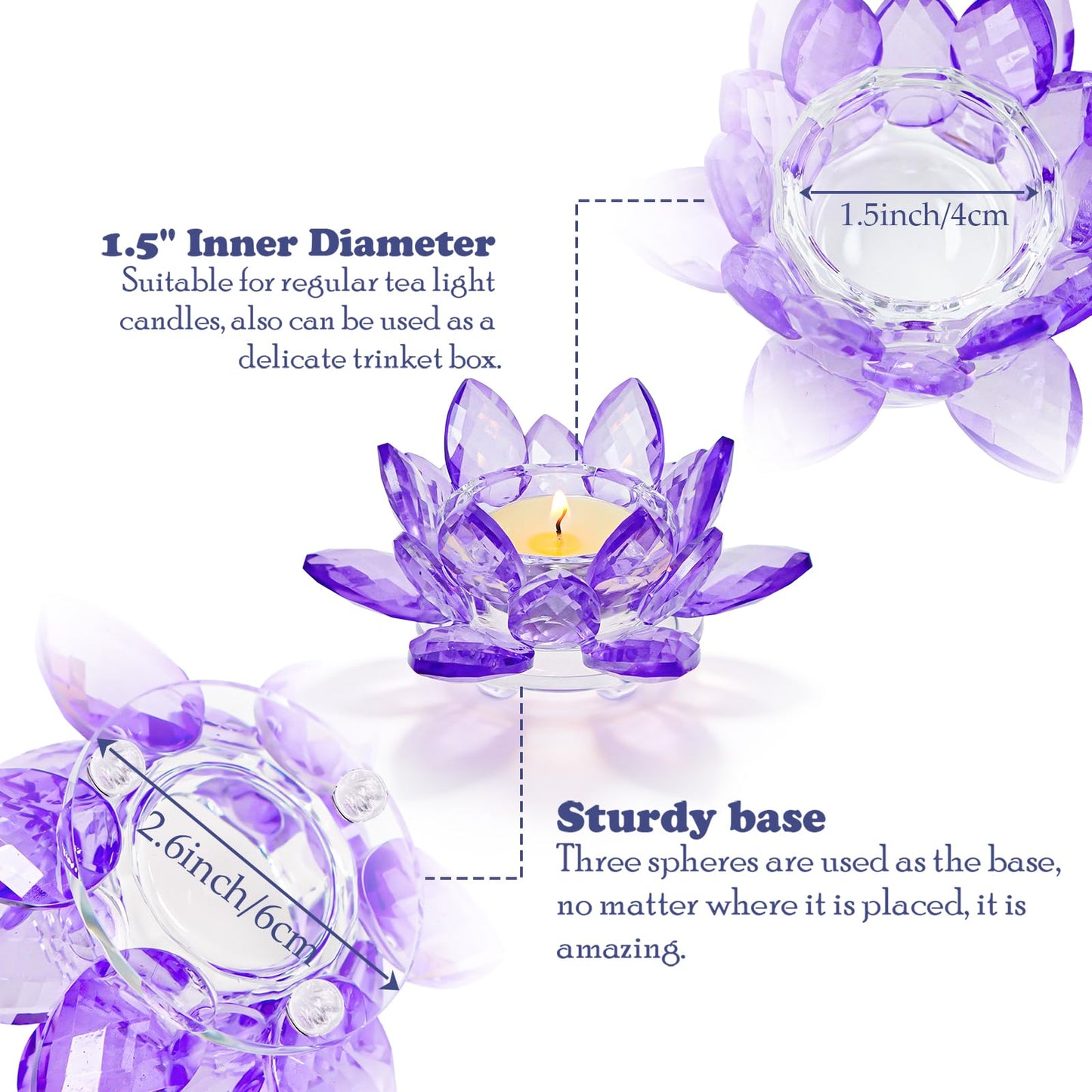 Kolnlala 1 Pc Purple Crystal Lotus Flower Tealight Candle Holder | Glass Votive Candlestick Decor for Home, Wedding, Party & Christmas Table Centerpieces