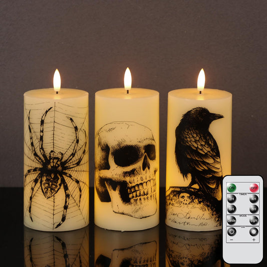 Lasumora Halloween Decorations Flameless Candles with Remote Timer - Skull, Spider Web, Crow Raven Decals Set of 3, Battery Operated Halloween Decor Indoor LED Candle Horror Gothic Punk Real Wax