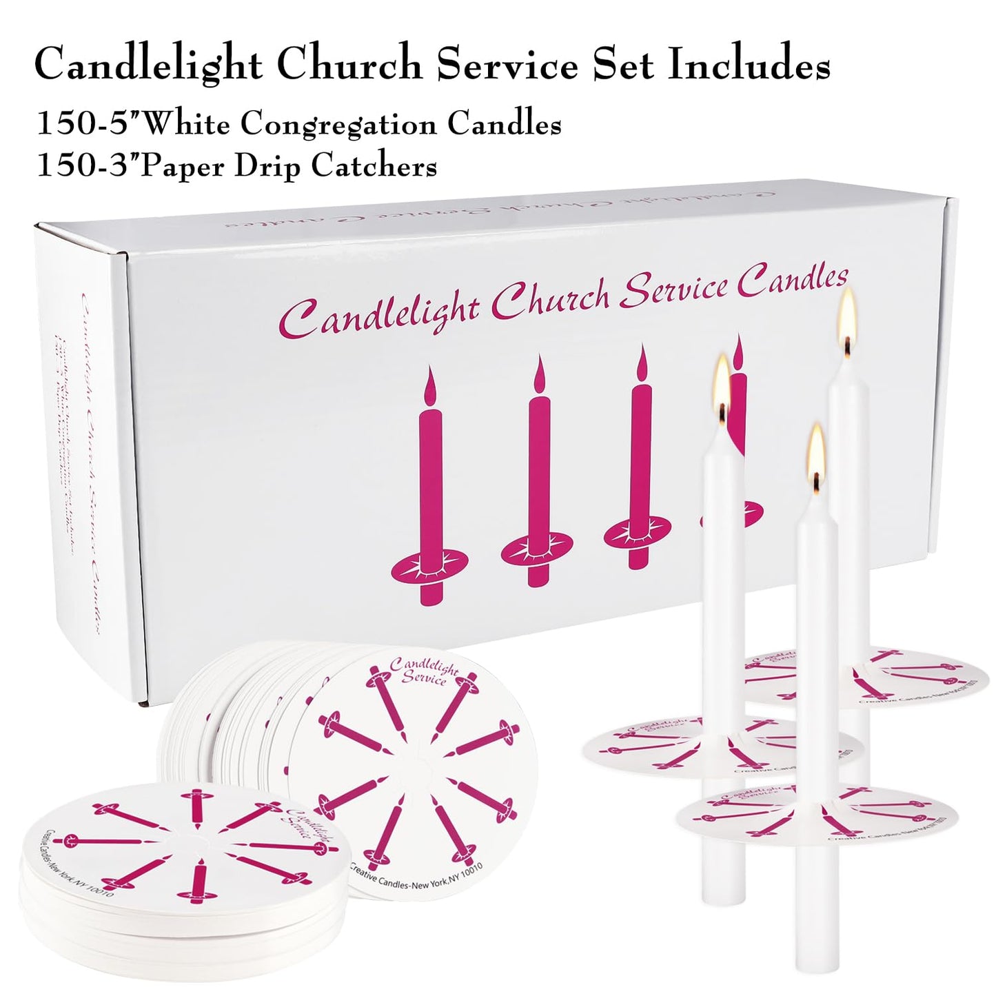 150 Packs Unscented White No Smoke ChurchCandles with Drip Protectors for Devotionalcandlelight Vigil Service.