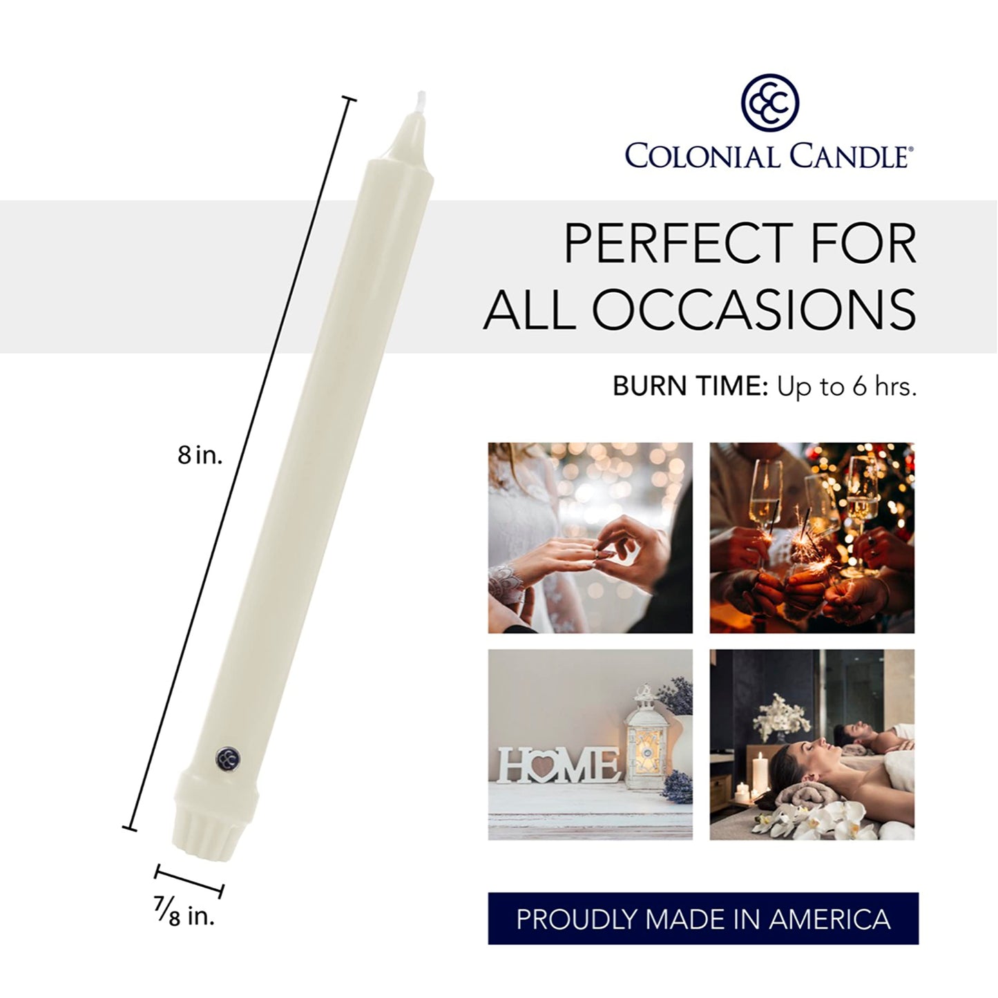 Colonial Candle Unscented Taper Candle, Classic Collection, Ivory, 8 In, Pack of 12 - Up to 6 Hours Burn