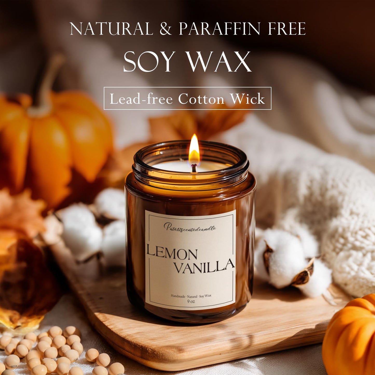 Putart Lemon Vanilla Scented Candle for Home, Natural Soy Wax Aromatherapy Non Toxic Candle Gifts for Women & Men, Handmade Highly Scented & Long Lasting Jar Candle for Stress Relief (9oz)