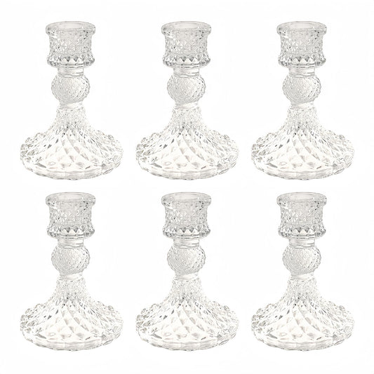 ECHFSM Glass Candlestick Holder,Striped Taper Candle Holders,Set of 6 Candle Stand for Table Centerpieces, Home Decor,Weddings,Festival and Parties (Clear Dimond Pattern)