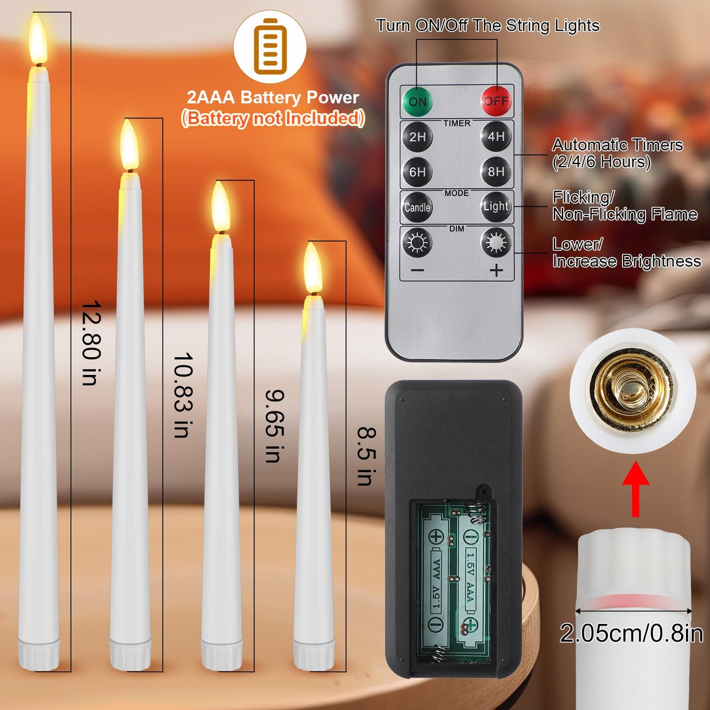 Rossesay 16 Pcs White Flameless Taper Candles Battery Operated Candles with Remote Timer 8.5" 9.6" 10.8" 12.8" Multiple Sizes White LED Flickering Candlestick for Wedding Party Centerpieces Decor