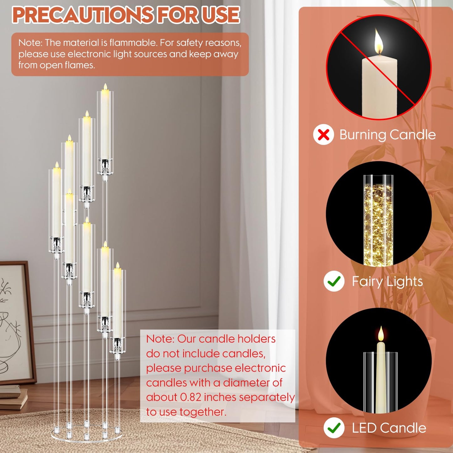 2 Set 8 Arm Acrylic Candle Holder, Mjkeomo 49.2'' Tall Candelabra Centerpieces for Tables Clear Candlesticks Holder for Housewarming Gift Fireplace Halloween Christmas Decor Fit 0.87'' LED Candle