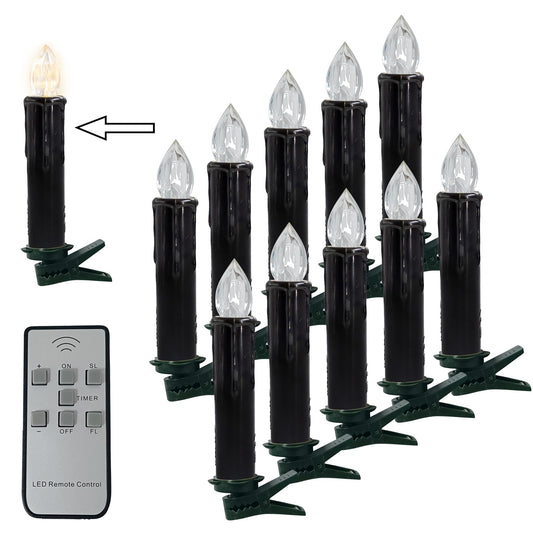 Flameless LED Taper Candles with Clips, 4” Battery Operated Window Candles with Remote Timer Mini LED Chandelier Candlesticks for Home Decor Wedding Church Party & Tree Lighting,10 Pack,Black