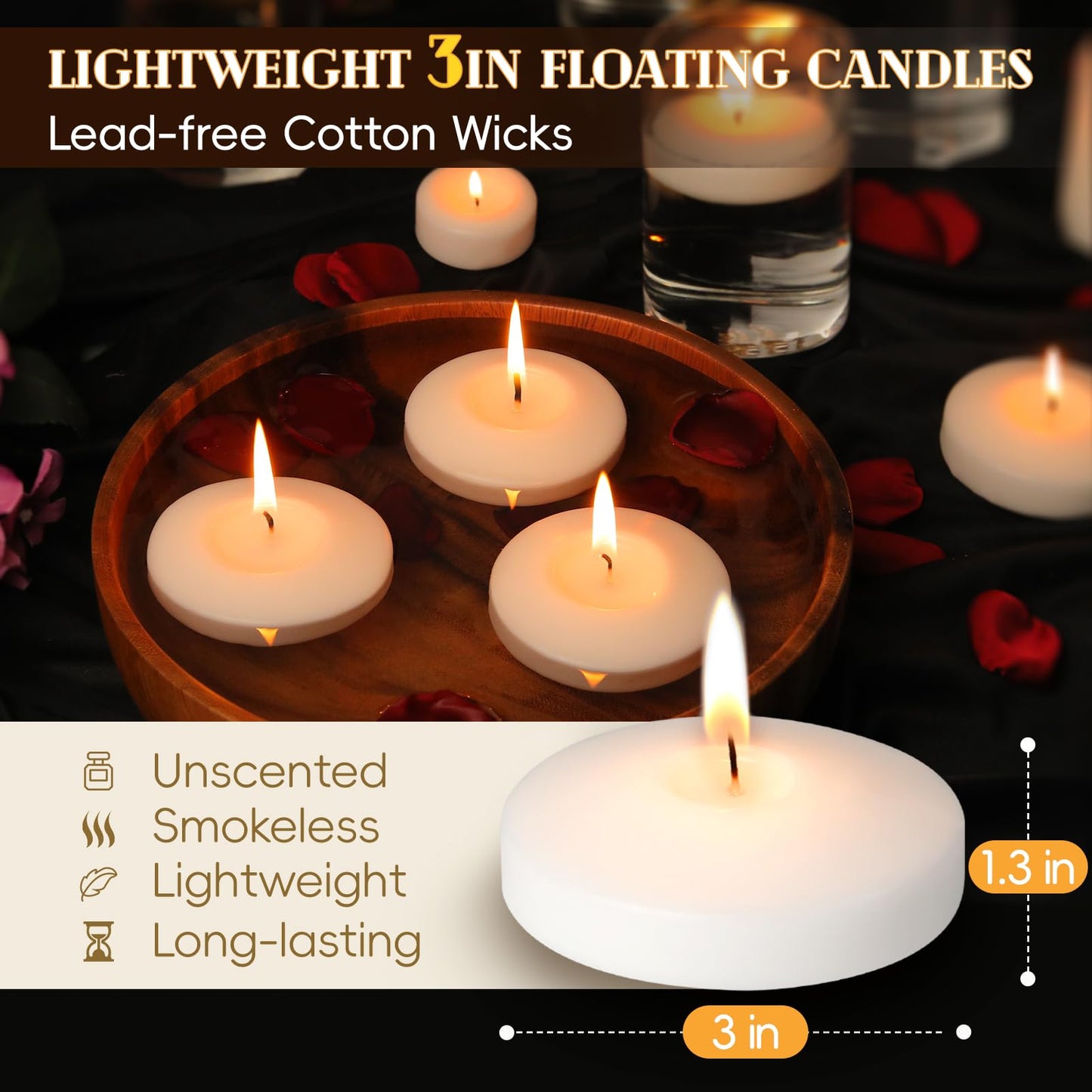 GINITIRI 3 inch White Floating Candles, 48 Pack Unscented Floating Candle,8-9 Hours Burning Floating Candles for Centerpieces, 3“ Water Candles for Cylinder Vases, Wedding, Party
