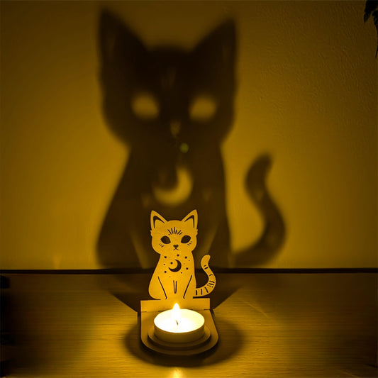 Halloween Skeleton Cat Tealight Candle Holder Shadow Caster Decorations Metal Desk Candlestick Holder Ornament for Home Party Kids Indoor Vintage Candlestick Stand Tabletop Decorative (Moon Cat)