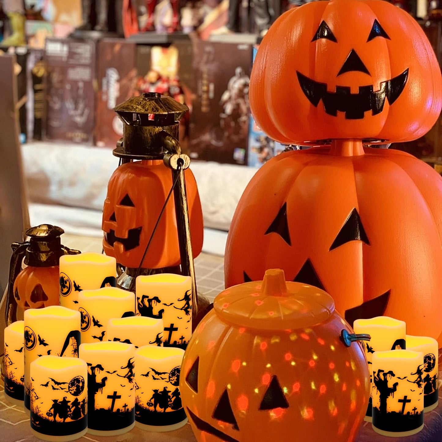 CAKETYCG 12-Pack Halloween Ink Painting Large Electronic Waxes with Remote Control, Flameless LED Candles for Halloween Spooky, Halloween Ambient Sense Artifacts.