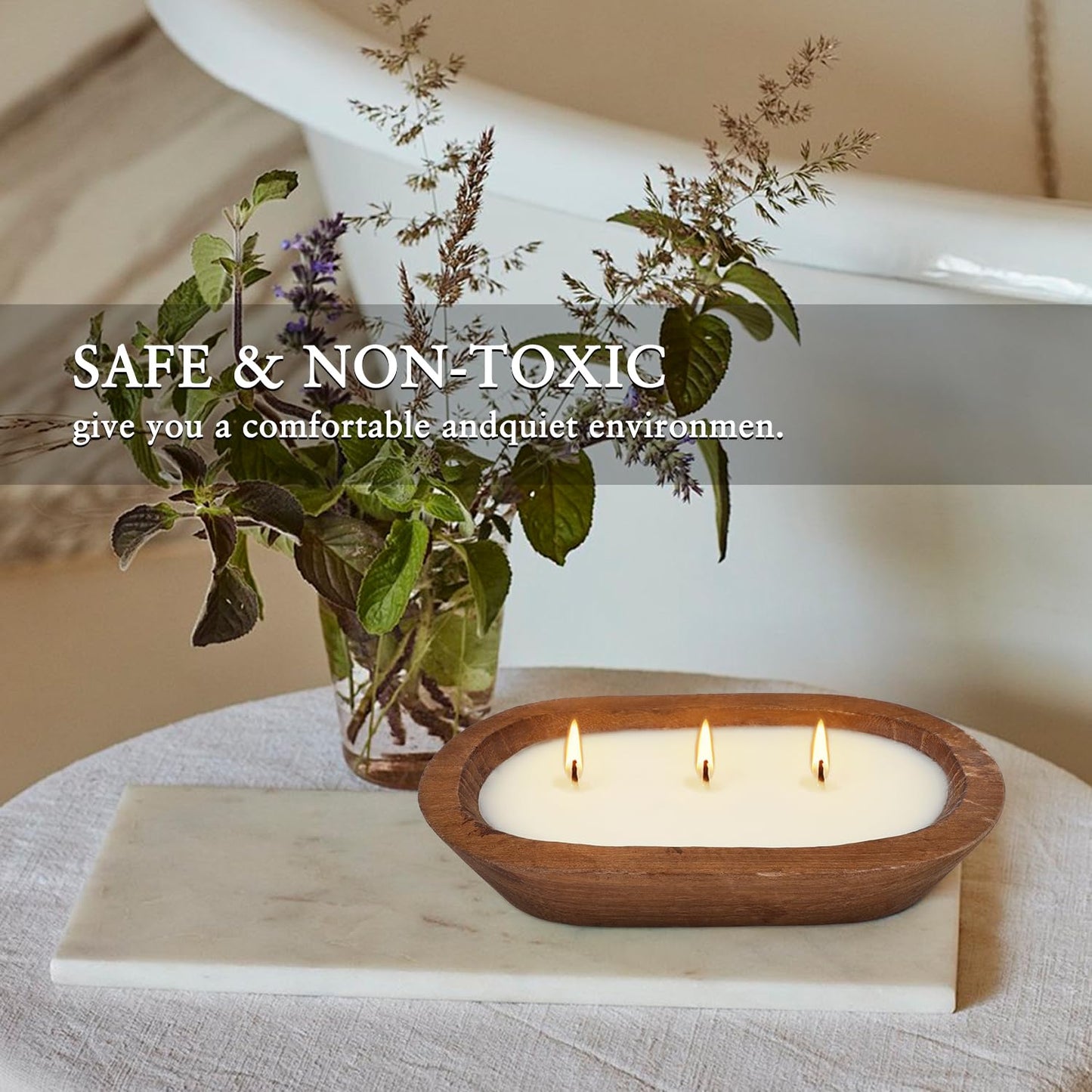 Citronella Candle in Wooden Bowl, 8oz Triple-Wick Smokeless Candle, Clean Burning Natural Citronella Scented Candle for Home Decor, Patio, Garden and Relaxation