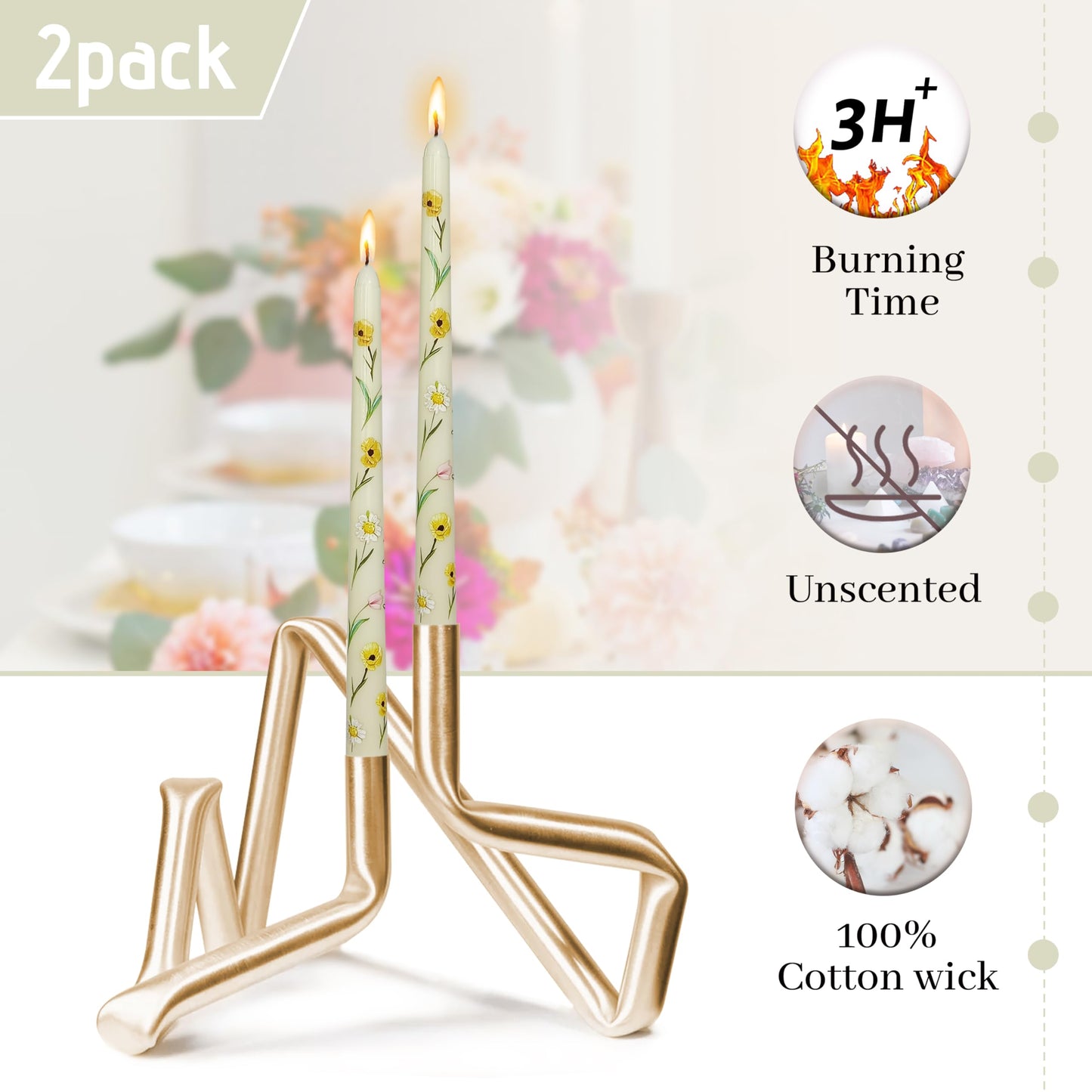 Baleagcdl Floral Printed Taper Candle Ivory with Poppy Flower Prints Candlesticks 10 Inch Handmade Drip Candle Sticks for Wedding Home Holiday Decor Gifts - Set of 2