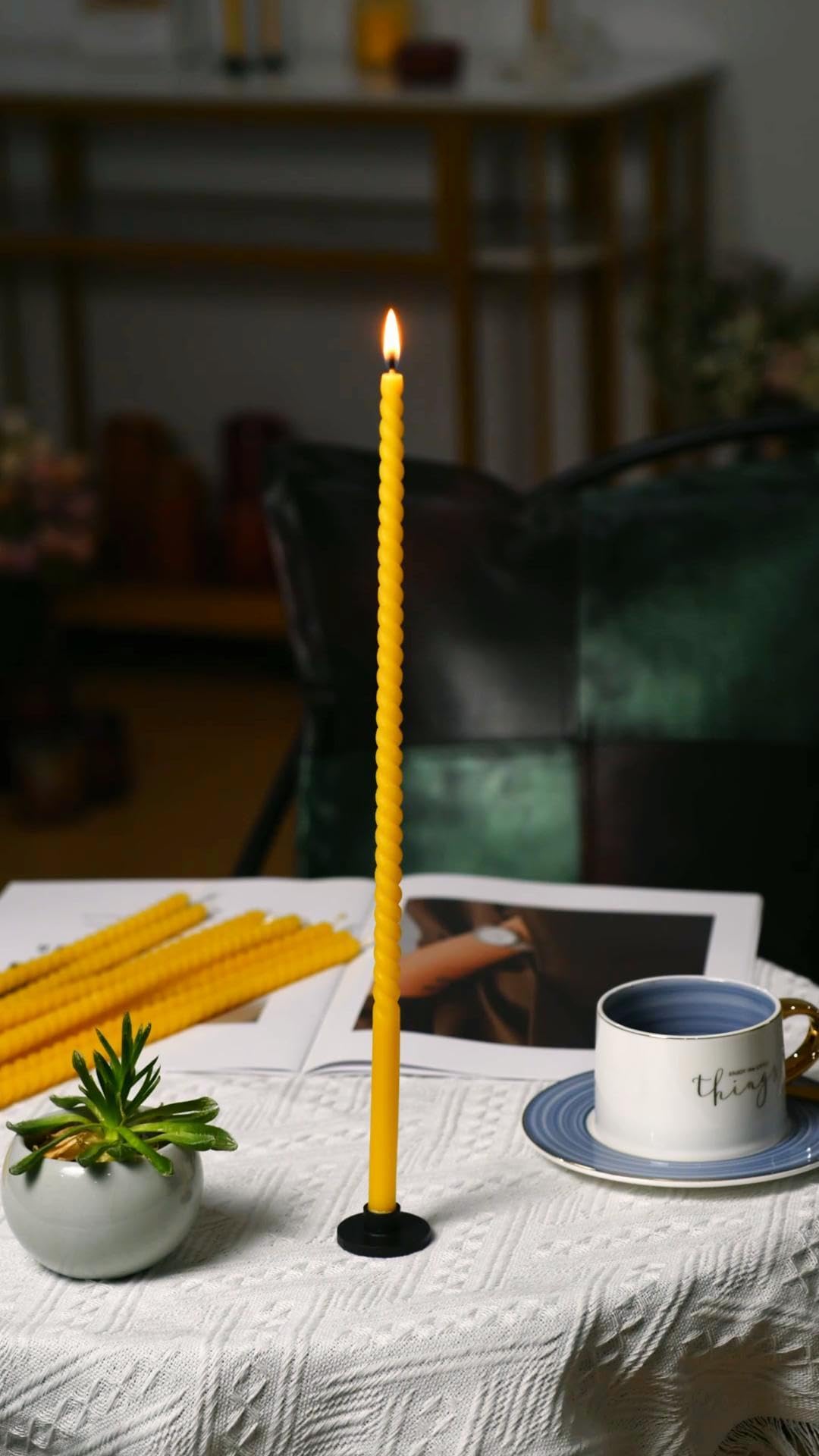16 Pack 15-Inch Slim Beeswax Taper Candles（ 1/2 Inch ） with 2 Holders - Natural Drippless Spiral Thin Church Candle 0.5 inch Diameter, Yellow