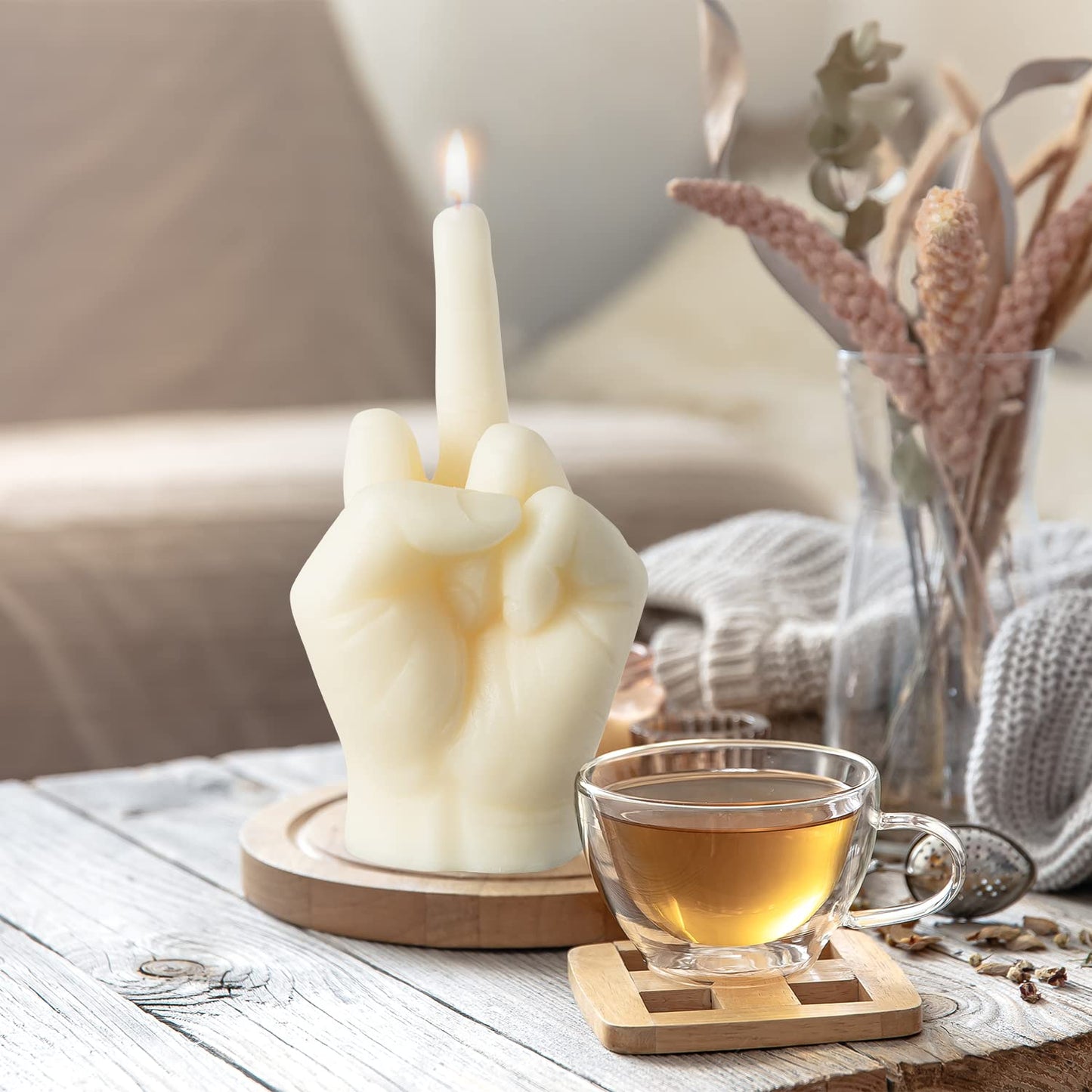 6sisc Middle Finger Scented Candle White Large Size Danish Pastel Room Decor Pine Aromatherapy Candle Long Lasting Natural Soy Wax Hand Gesture Fragrance Candlestick for Home Room Supplies 7.1” X 3.7”