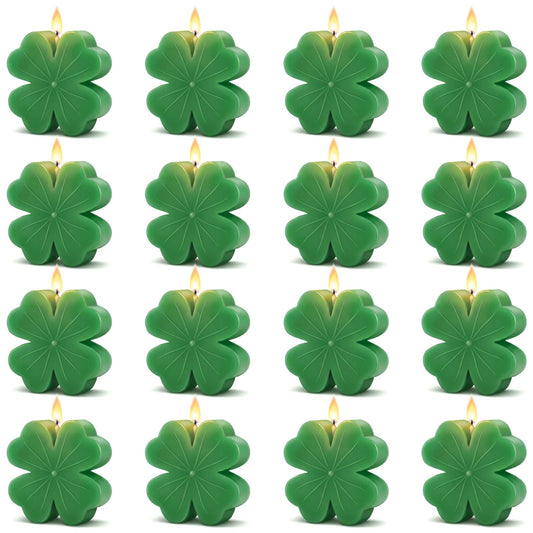 Lyrow 16 Pcs St. Patrick's Day Shamrock Candles 2 Inch Mini Clover Burning Candles Soy Wax for St. Patrick's Irish Day Decorations Home Table Centerpiece Decor