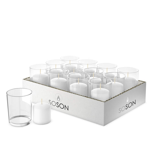 Simply Soson Votive Candles Bulk, 24 White Votive Candles with Glass, 10 Hours Burn time, Small Candles, Bulk Candle, Unscented Candle Votives for Wedding, Birthday, Holiday & Home Decor