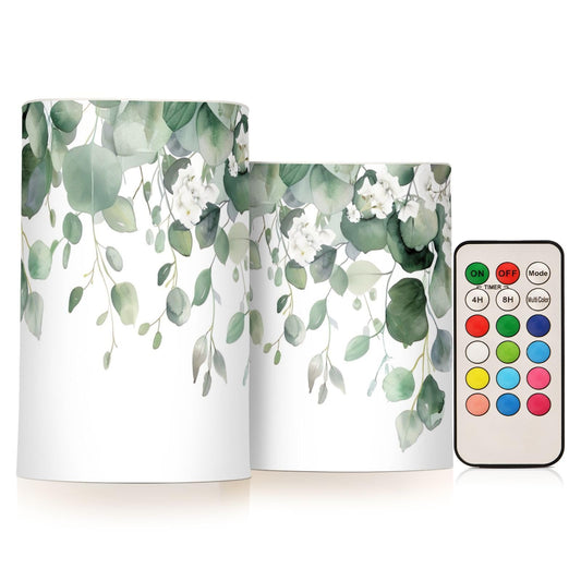 BOESI Watercolor Leaf and Flower Pattern Flameless Candles Color Changing LED Candles with Remote Control Battery Candles for Outdoor and Indoor Home and Room Decoration, 3'' x 4''/5'' Set of 2 Pieces