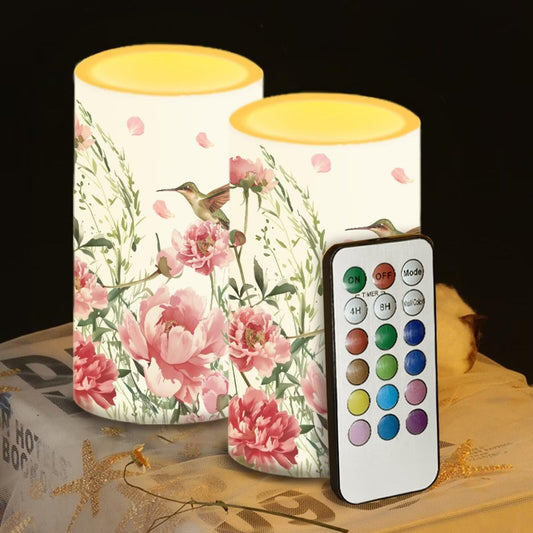 Luarisgur Bird Floral Flameless Candles 2 Pack 6 x 3 inch Battery Operated Candles with Multicolor Timer Remote Control LED Fake Candles for Warm Light Dinner Table Home Decor