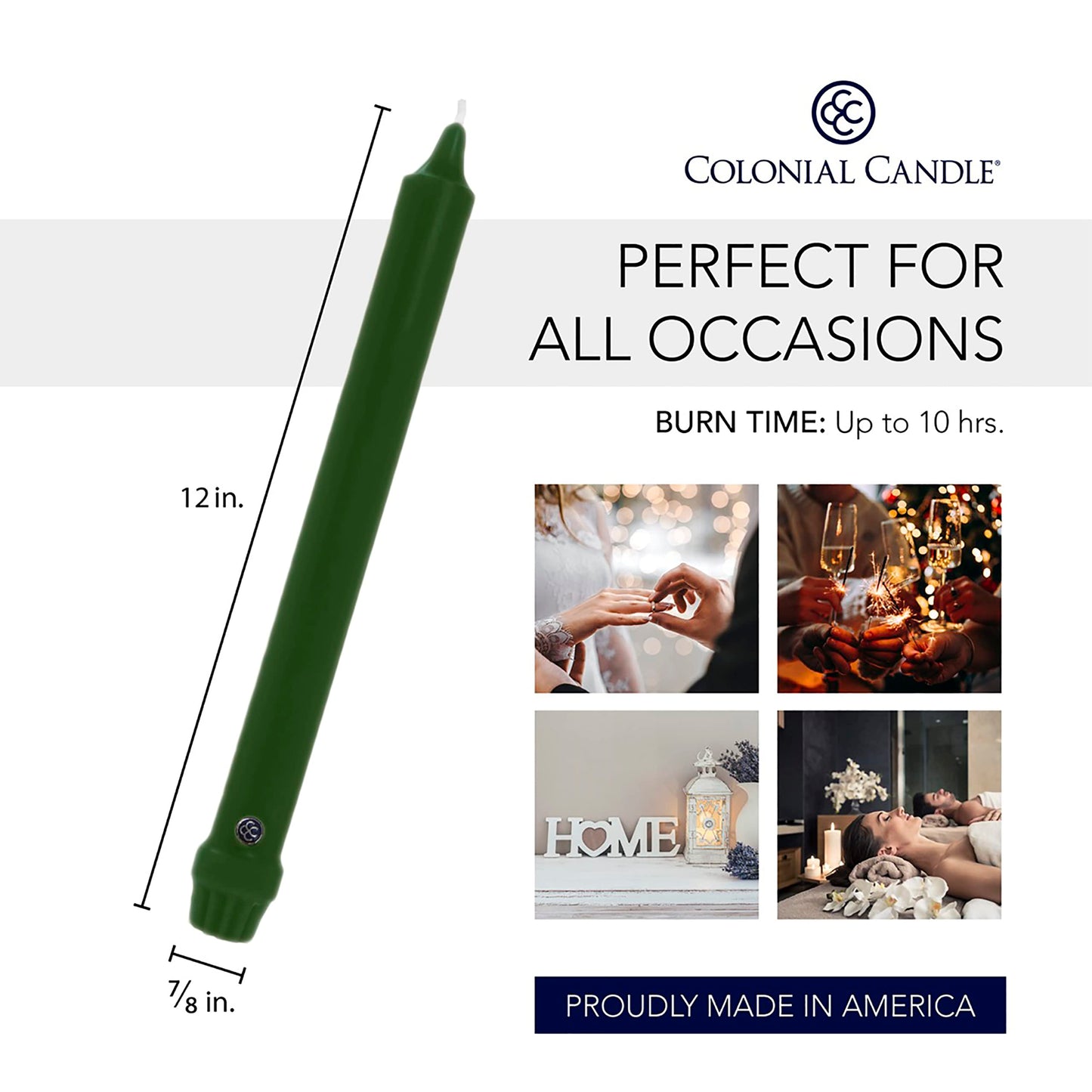 Colonial Candle Unscented Taper Candle, Classic Collection, Evergreen, 12 in, Pack of 12 - Up to 10 Hours Burn