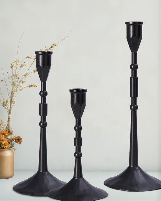 YOUTUOY Vintage Taper Candle Holders Set | Handmade 3-Piece Candlestick Decor for Table Centerpiece, Farmhouse Kitchen & Party Lighting (Black)