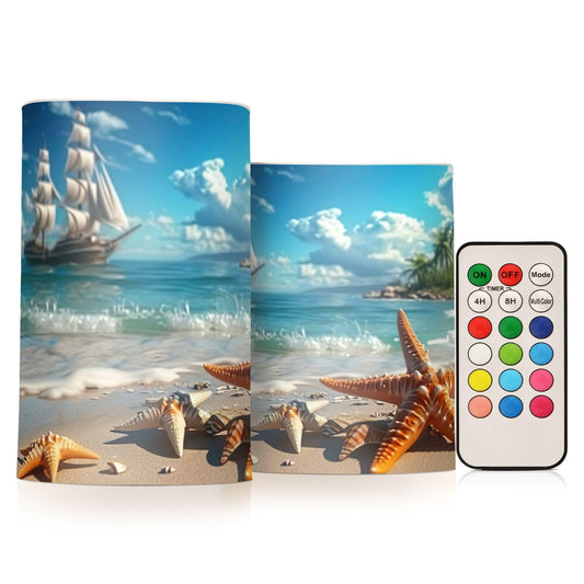 BOESI Starfish Pattern on Seaside Beach Flameless Candles Color Changing LED Candles with Remote Control Battery Candles for Outdoor and Indoor Home and Room Decoration, 3'' x 4''/5'' Set of 2 Pieces