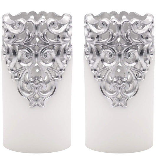 DRomance Hollow Silver Flameless Flickering Candles with 5H Timer, Battery Operated LED Pillar Candles Unscented Wax Warm Light Christmas Home Decoration(Set of 2, 3 x 6 Inches)