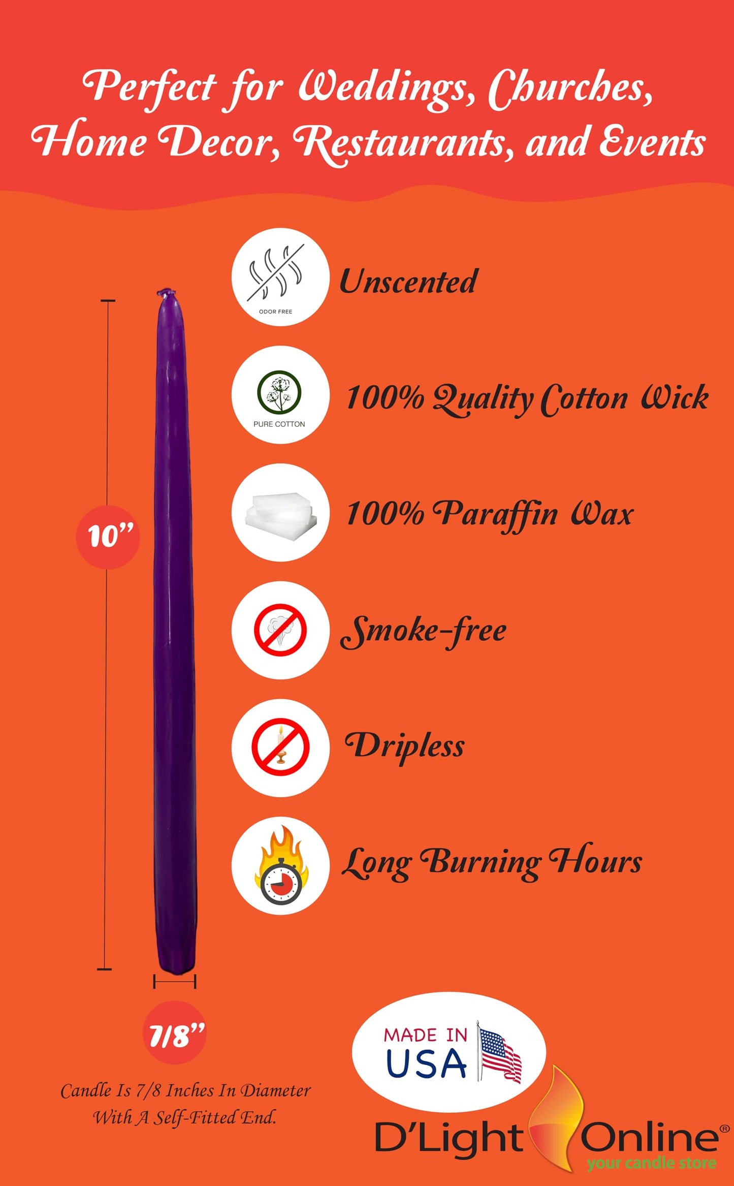 D'light Online Elegant 10" Purple Gradient Taper Candles Premium Quality- Unscented, Hand-Dipped Tapered Candles, Dripless and Smokeless - Set of 12 (10 Inch, Purple Gradient)