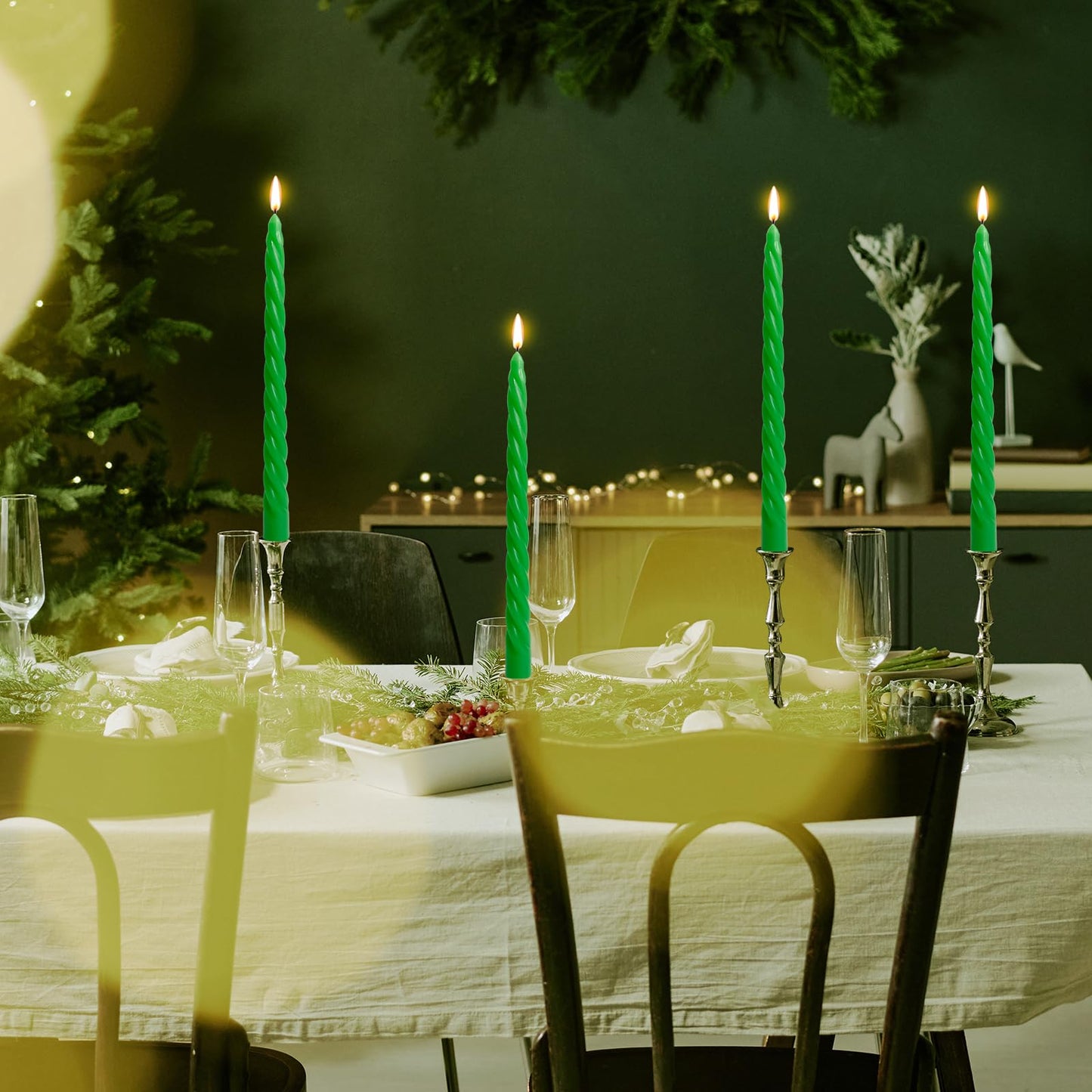 10 Inch Green Twisted Taper Candles Set for Christmas and Spring, Unscented Dripelss Candlesticks for St. Patrick's Day Holiday Party Decoration