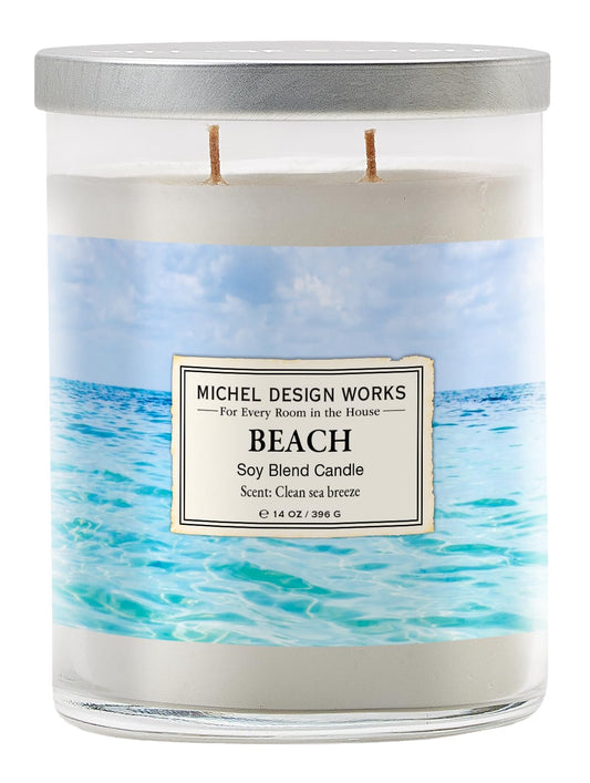 Michel Design Works Beach Scented Candle, 14 oz Soy Blend Dual Wick Candle, Glass Tumbler Jar with Lid, 75 Hour Burn Time, Clean Marine Coastal Home Fragrance Gift