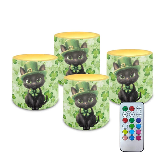 Merkmak 4Pcs Flameless Candles with Remote and Timer Battery Operated Candles for St Patrick's Day Black Cat Shamrocks Pillar Tea Lights Bulk for Indoor Outdoor Home Decoration
