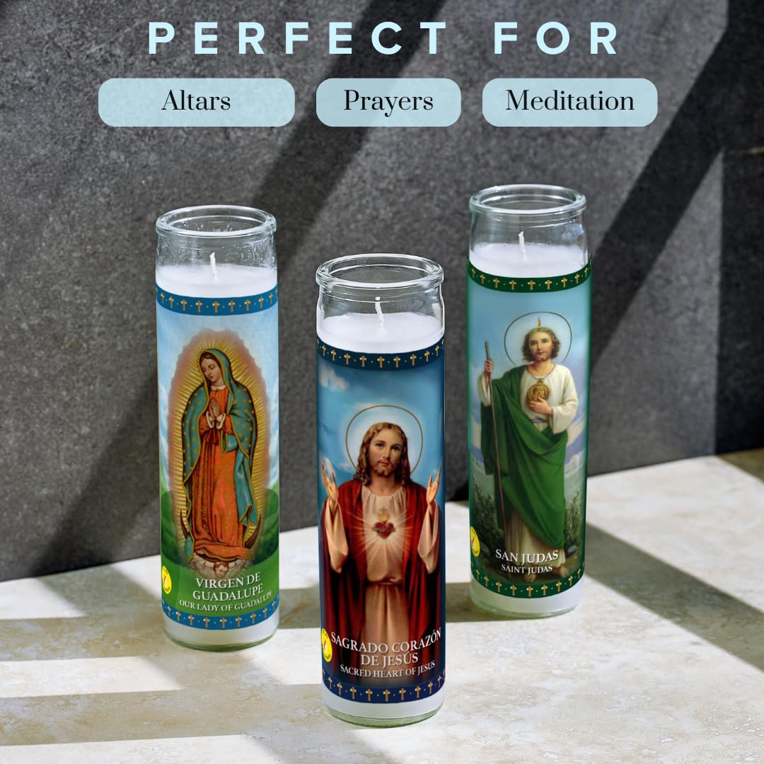 Simply Soson Lady of Guadalupe Prayer Candle, 1 piece, Great for Sanctuary Vigils and Prayers, Unscented Glass Candle Set, Jar Candles, Devotional Spiritual Religious Church Cemeteries