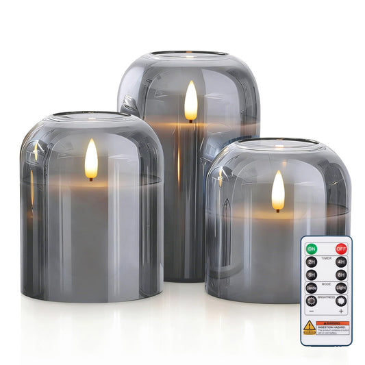 Homemory Glass Flameless Candles, Battery Operated Plliar Candles Realistic Flickering, LED Electric Light with Remote and Timer for Home, Christmas Decoration, Gray, Set of 3