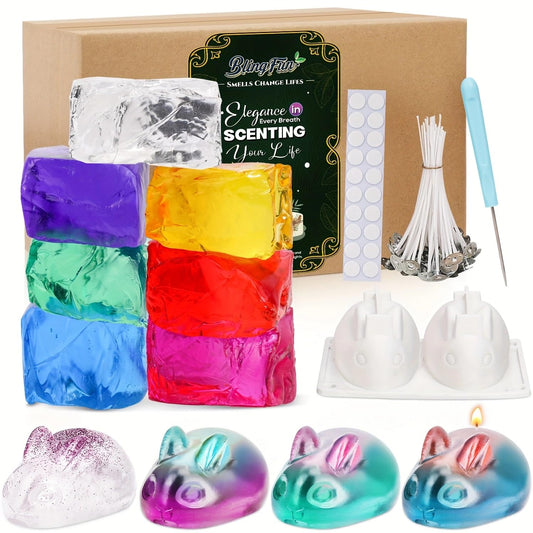 Blingfun Gel Wax Candle Making Kit with 7 Colors Jelly Wax, Rabbit Mold, Wicks, Wick Stickers, Drill - DIY Scented Candle Fun Craft Supplies for Home Decor