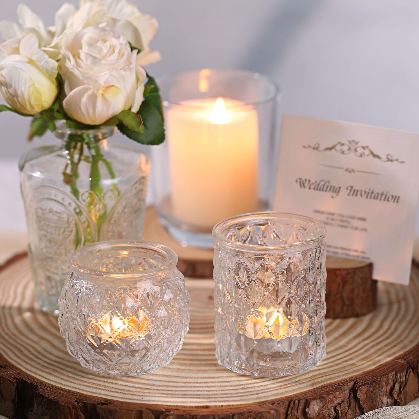 DARJEN Clear Votive Candle Holders Set of 24- Round Glass Candle Holders Bulk for Tea Light Candle, Embossed Candle Votives for Wedding Centerpiece, Various Parties & Home Decor (Pack of 4)