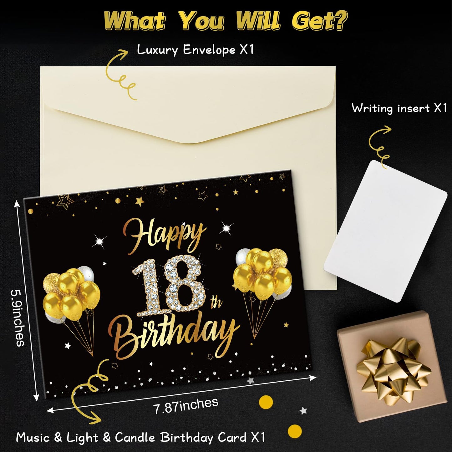Turypaty 18th Birthday Cards Pop Up 3D Cake - Firework & Music & Blow Out Candle Light Funny Happy 18 Black Gold Birthday Card Gifts for Boys, Girls, Friends, Son, Daughter, Grandson, Boyfriend