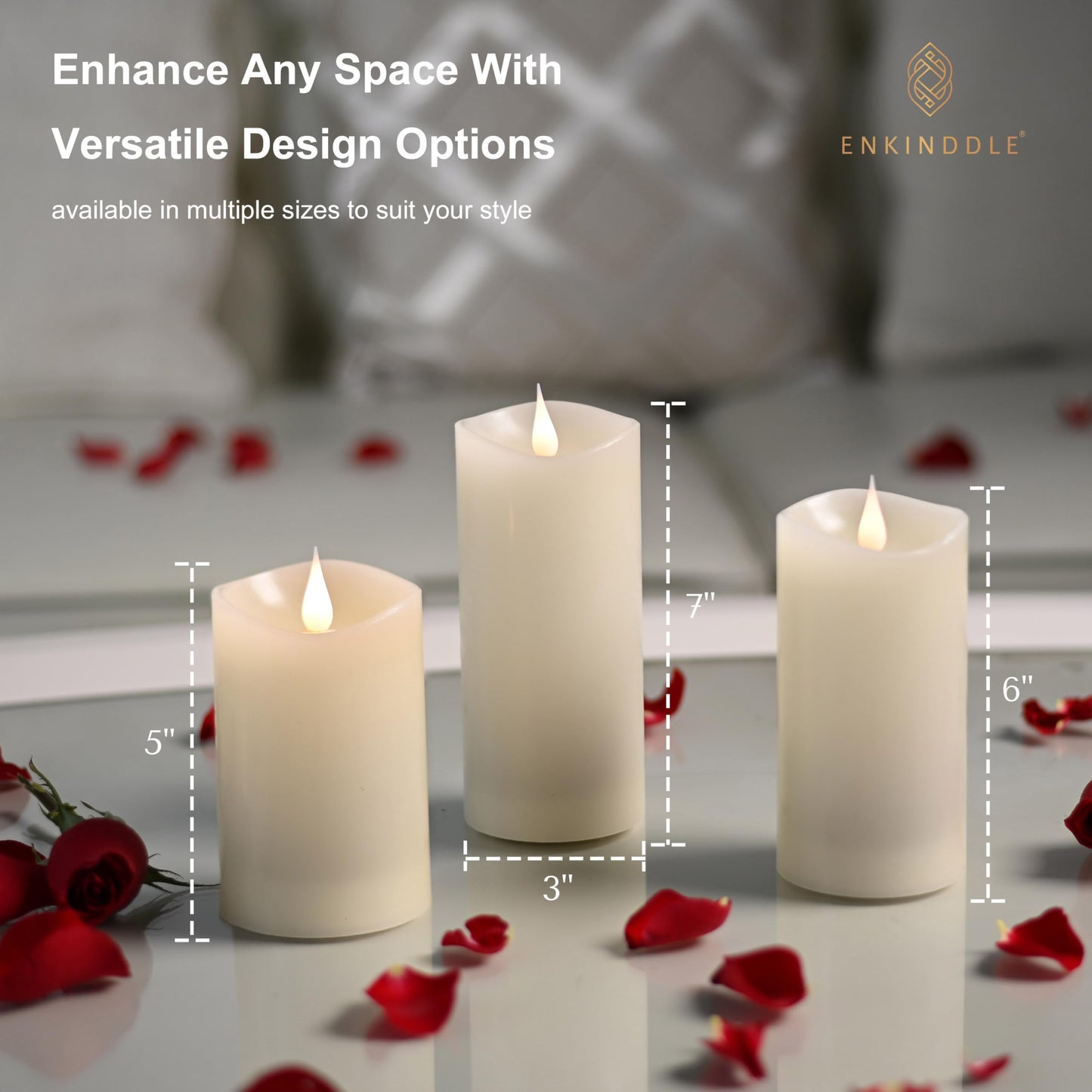 ENKINDDLE Tall Flameless Candles with Timer, 3D Moving Flame LED Pillar Candle, Real Wax Flickering Candle, Battery Operated, Ivory 3"x7" for Fireplace & Living Room Decor