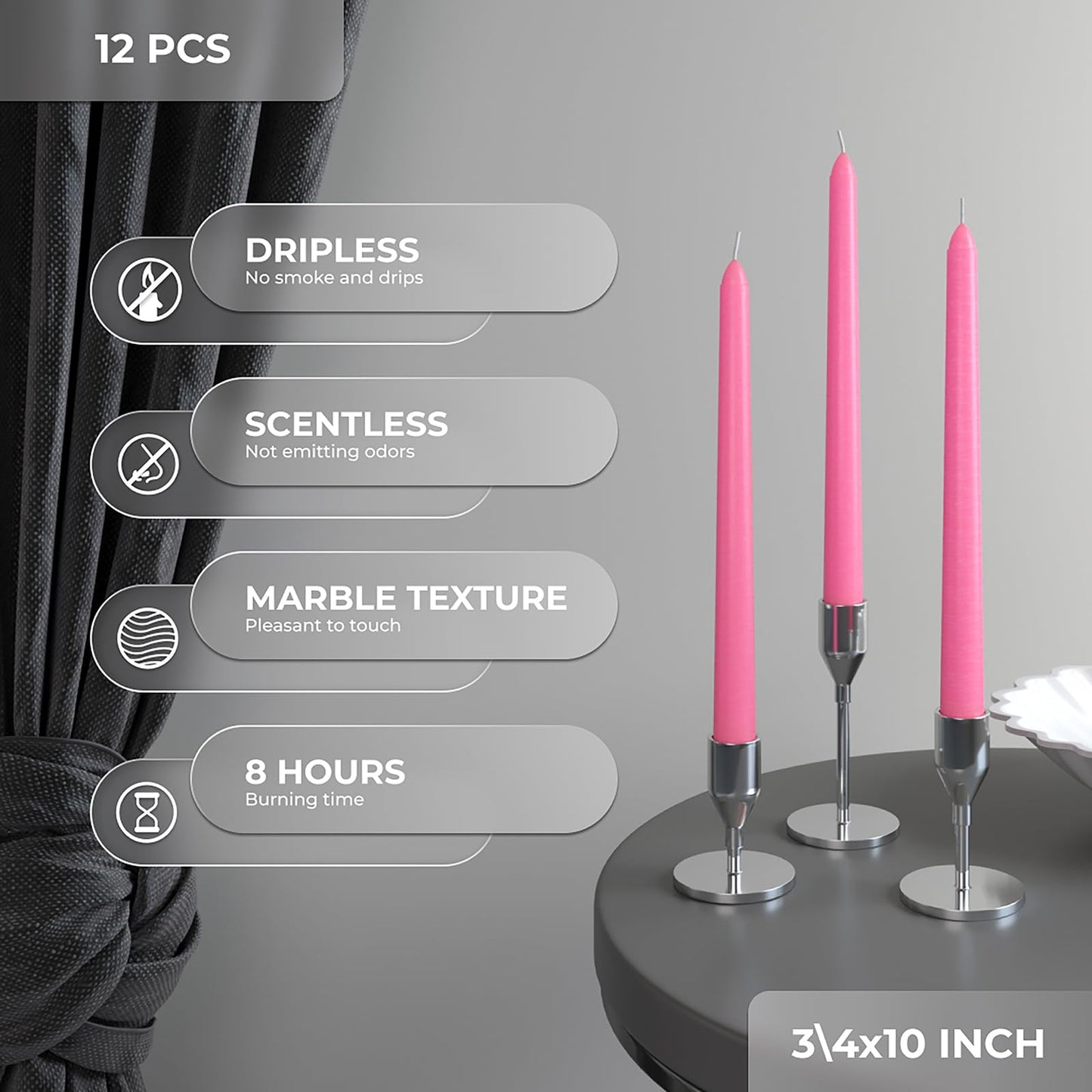 CANDWAX Pink 10 inch Taper Candles Set of 12 - Unscented Smokeless Dripless Pink Candlesticks - Perfect as Easter Candles and for Holidays, Ordinary Dinners and Special Occasions - Tall Candle Sticks