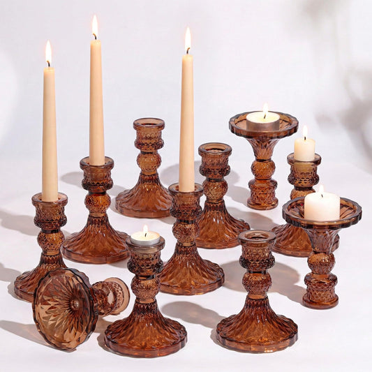 Amber Candle Holder Set of 12, Glass Taper Candle Holders, Amber Candlestick Holders, Candle Stick Holder for Table Centerpieces, Vintage, Home Decor