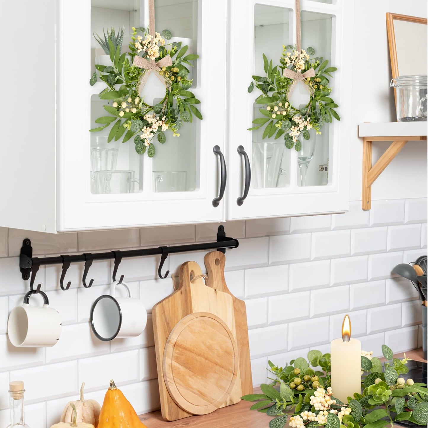 4 Pcs Green Eucalyptus Swag Wreaths for Pillars Spring Summer Kitchen Cabinet Wreaths Mini Green Berry Leaves Wreath with Ribbon for Front Door Porch Wall Window Farmhouse Decoration
