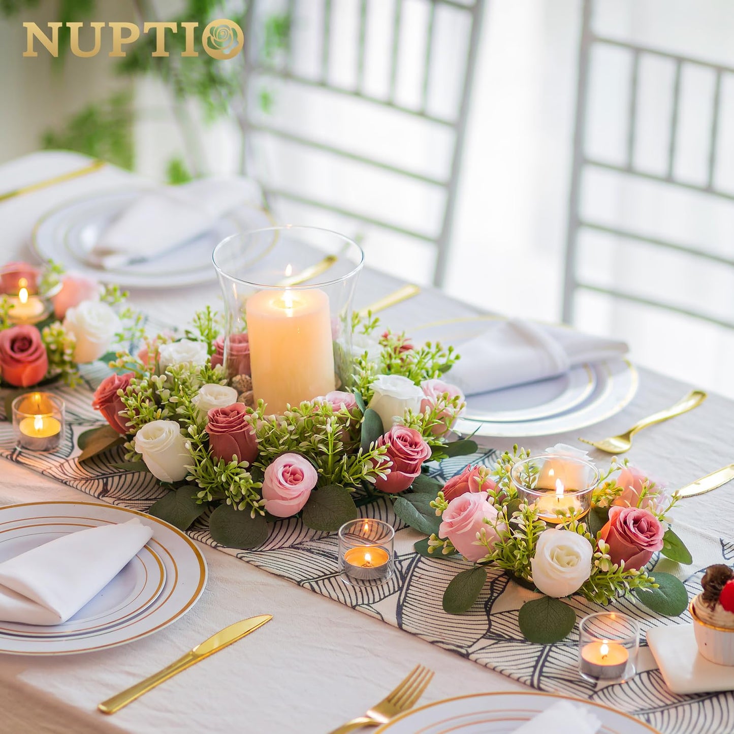NUPTIO Small Flower Rings for Centerpieces: 9.05 Inch Dusty Rose & White Candle Rose Wreath for Wedding Party Christmas Decorations - Spring Summer Front Door Porch Decor 6 Pcs