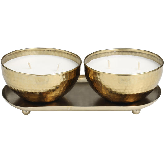 Deco 79 Metal Decorative Candle Egyptian Mint Scented Hammered 12 oz 2 Wick Aromatherapy Candle with White Wax, Set of 2 Wax Aromatherapy Candle 10" W, 3" H, Gold