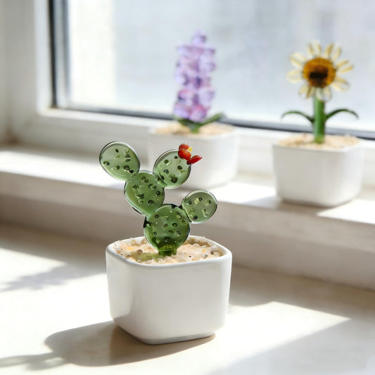 Glass Flowers Fake Cactus Decor,Cute Desk Decor for Women Office,Crystal Flowers in Vase for Desk Trinkets,Handmade Small Gifts for Women & Plant Lover Gifts