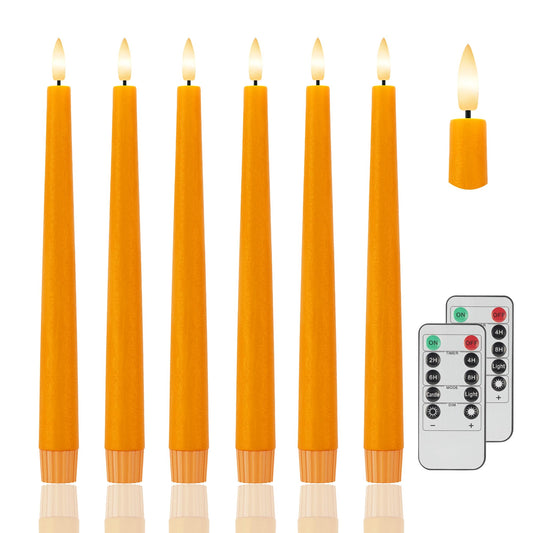 Orange Flameless Taper Candles, 9.6" Halloween Battery Operated Candles with Two Remote, Real Wax Fall Led Candlesticks, Flickering Flameless Candle for Fall, Thanksgiving, Harvest, Halloween, 6 Pack