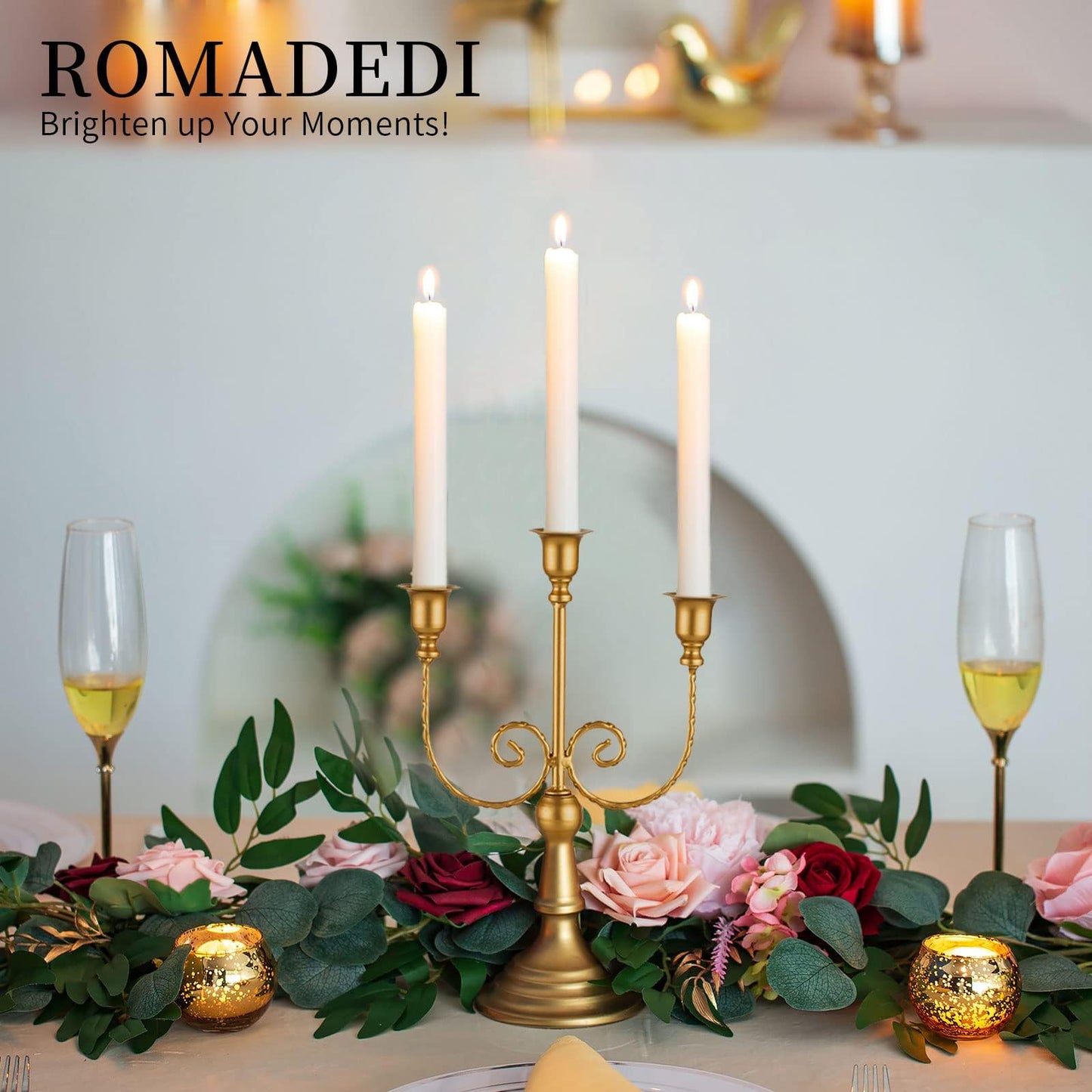 Romadedi Candelabra Gold Candle Holders - 3 Arm 11.8" Wedding Candlestick Holder for Theme Party Table Centerpiece Decor Dining Room Birthday Holiday Christmas, Set of 6